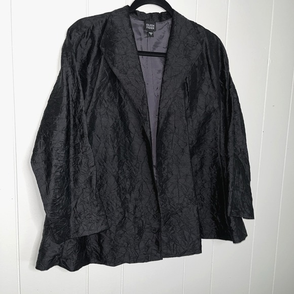Eileen Fisher Jacket S Black Silk Crinkle Texture Lightweight Blazer Minimalist - Picture 1 of 5